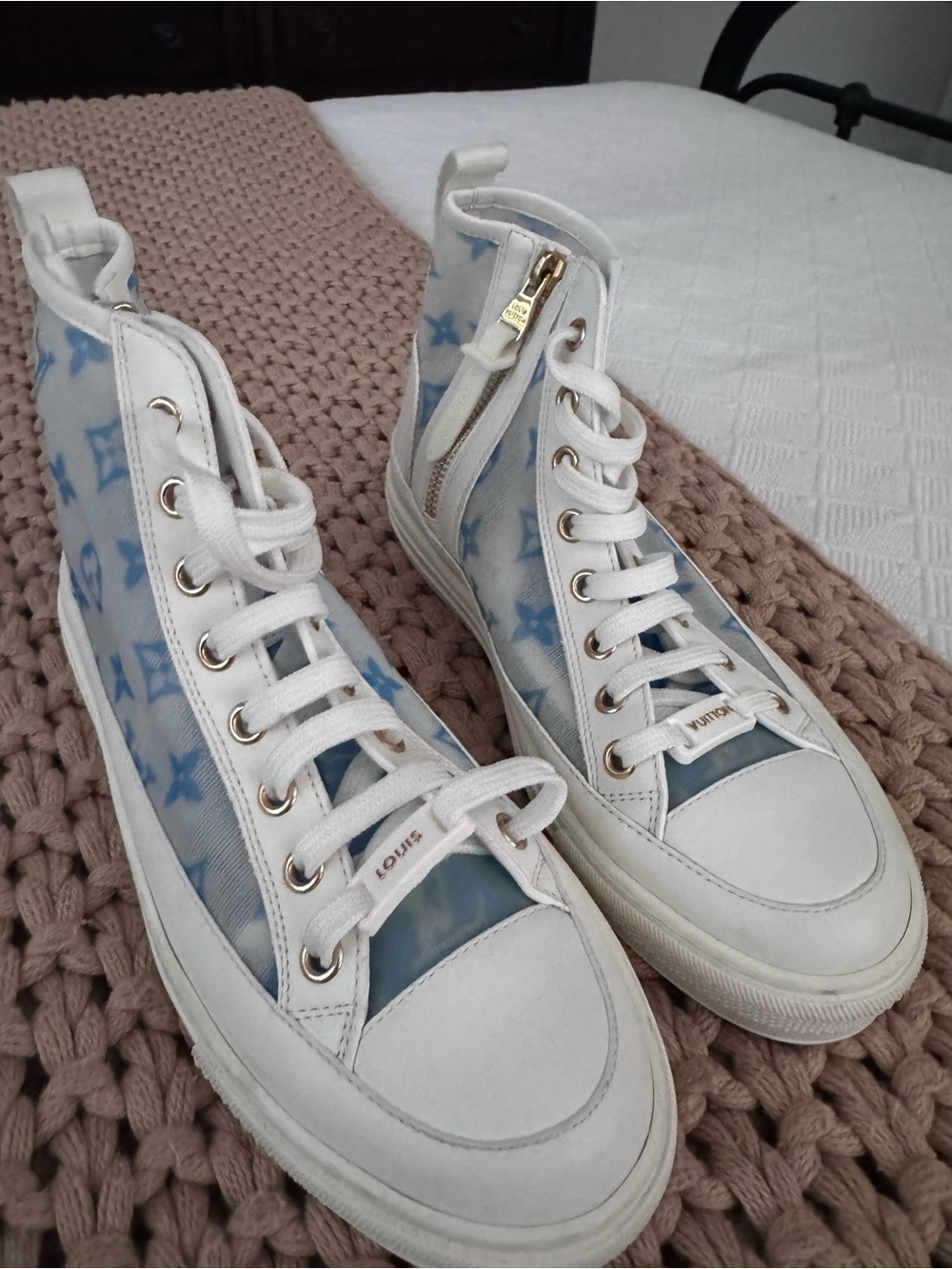 Louis Vuitton White & Light Blue Monogram High-Top Sneakers